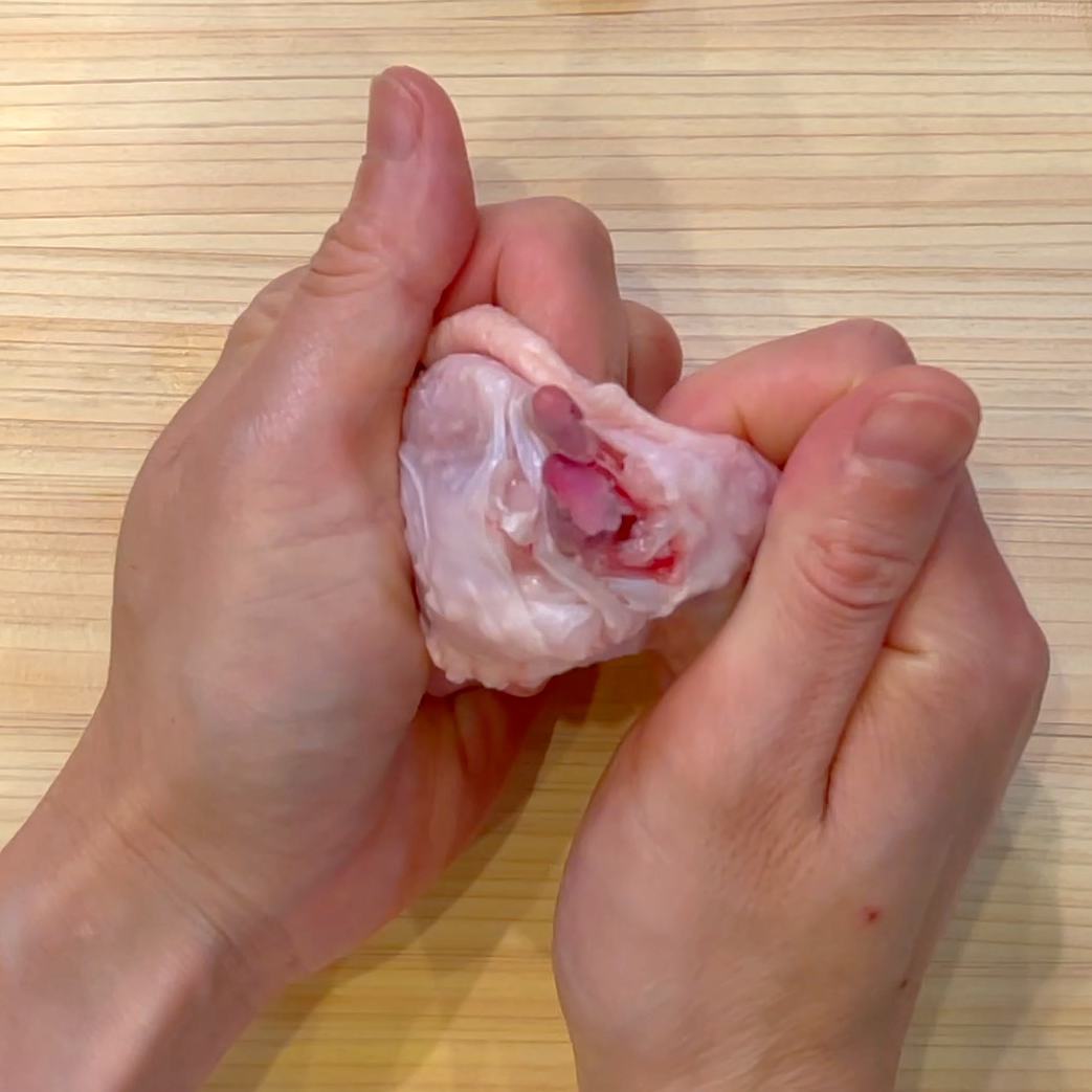 切り込みに沿って骨を折り2本の骨を外す工程